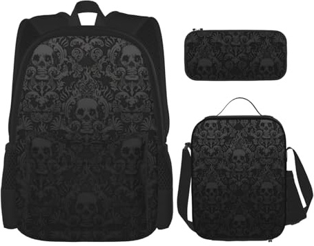 OKFSTY Gothic Tapete Totenkopf Rucksack, 40,6 cm, Jungen, Vorschule, Elementar-Büchertasche und Lunchbox, geringes Gewicht, 3 Stück