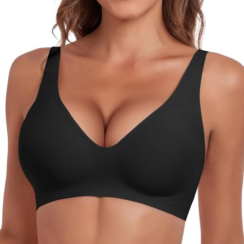JoliComfy Push Up Bras for Women Wireless Everyday Bras Seamless No Underwire Bralette with Support Full Coverage Plunge T Shirt Bras(Black,M)