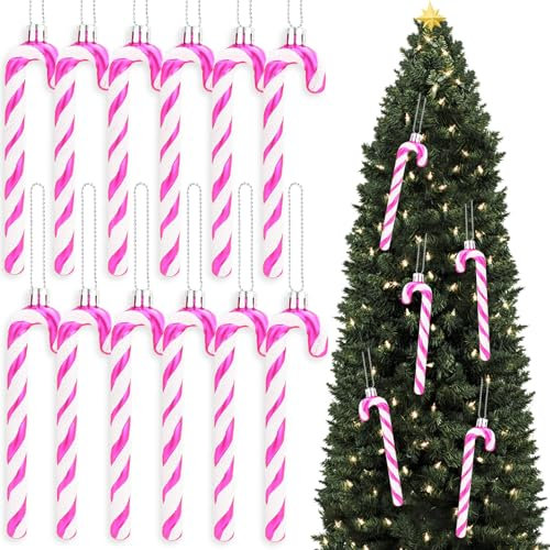 Axinyijia 12 Pièces Sucre d'orge Deco Noel Sapin, Décorations d'arbre de Noël en Canne à Sucre avec Paillettes, Decoration Noel Sapin Canne de Bonbons (Rose Rouge)
