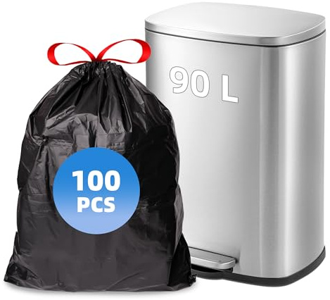 Tarunmo Black Heavy Duty Bin Bags - 100 Pack, 90L, Tear Resistant Drawstring Liners, Unscented for Kitchen, Garden & Commercial Waste 70X80cm