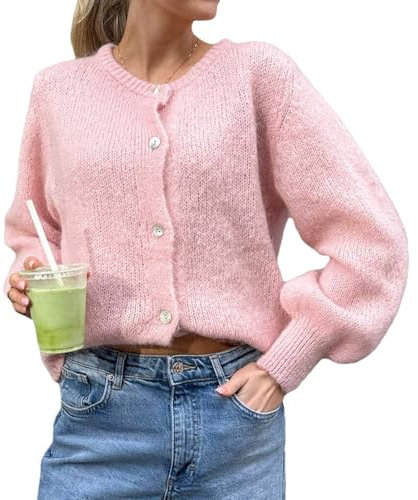 Gilet Col Rond Femme Cardigan en Tricot Court à Manches Longues Pull Veste Boutonnée Casual Vêtement d’éxtérieur Hiver Chaud (Rose, M)