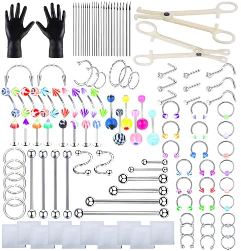 HOINCO 124PCS Body Piercing Kit,for Nose Belly Button Tongue Body all Body Piercing Tools Kit with 12G 14G 16G 18G 20G Piercing Needles.