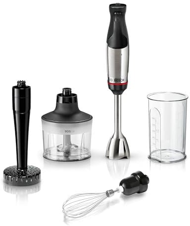 Bosch Stabmixer ErgoMaster Serie 6 MSM6M633, einhändig bedienbar, 4 Edelstahl-Klingen, verschleißfreie Keramik-Kupplung, luftgekühlter Motor, Zerkleinerer, Schneebesen, 1.000 W