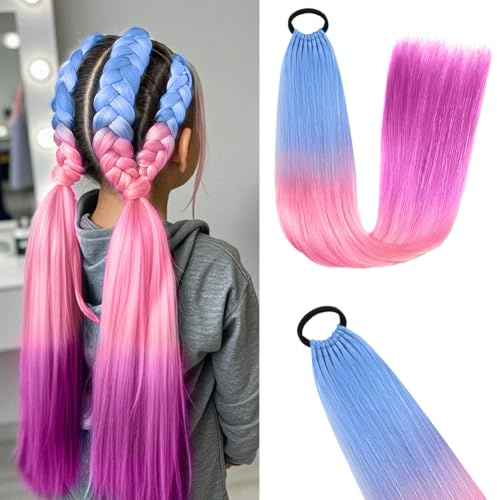 Aomig Ponytail Extension Gradient Braids Extensions mit Haargummi Glattes Haar Bunte Haarsträhnen für Damen Kinder Mädchen Kunsthaar zum Einflechten Haarverlängerung Zopf für Party Festival Geschenke
