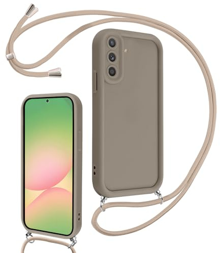 Coalbooliy Handykette für Samsung Galaxy A56 Hülle 6,7 mit Band, Handyhülle Kameraschutz Weiches Silikon Necklace Stoßfeste Schutzhülle mit Kordel zum Umhängen Cover für Mädchen Frauen, Khaki