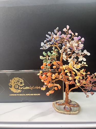 KRISTALGLOBE Seven Chakra Crystal Tree of Life – 300 Natural Gemstone Chips – Handmade Bonsai Tree for Positive Energy – Pure Copper Wire, Agate Slice Base – Gifts for Women