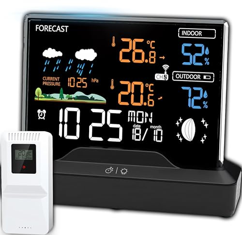 Retoo Funkwetterstation, 1 Außensensor, DCF-Uhr, LCD-Display, Rezeption 30m | Innen- und Außentemperatur, Luftfeuchtigkeit, Barometer, Wettervorhersage, Mondphase, 3 Helligkeitsstufen, Schwarz
