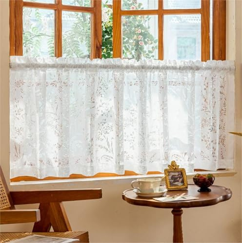 Yaland Jacquard Scheibengardine mit Blattmuster 1 Stück HxB 50x200cm Weiß | zarten Lochstickerei Bistrogardine mit Stangendurchzug Sichtschutz Halbvorhang Spitzenvorhang für Küche & Fenster