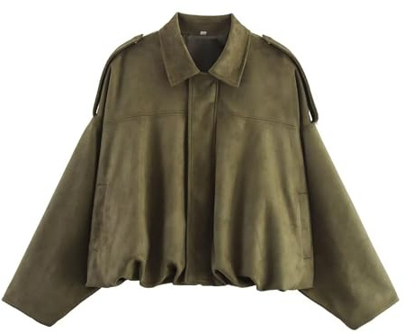 Xunger Women's Faux Suede Bomber Jacket Spring Lapel Pilot Coat Casual Oversized Long Sleeves Trendy Streetwear Outerwear, 01 Green Pocket, L