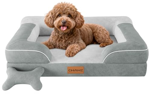 CWAWZ Mittelgroße Hundebett,76x51cm Orthopädisches Hundebett mit Knochenspielzeug, Kühlender Memory Foam Waschbar Hundesofa, Wasserdicht rutschfest Großes Hundesofa,Hell Grau