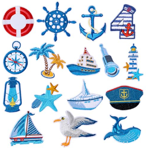 PH PandaHall 16 Stück 16 Stile Ozean Aufnäher Zum Aufbügeln Blau Segeln Maritim Bestickte Aufnäher Applikation Für Hüte Rucksäcke Kleidung Jeans Jacken Mützen Kleidung DIY Bastelarbeiten