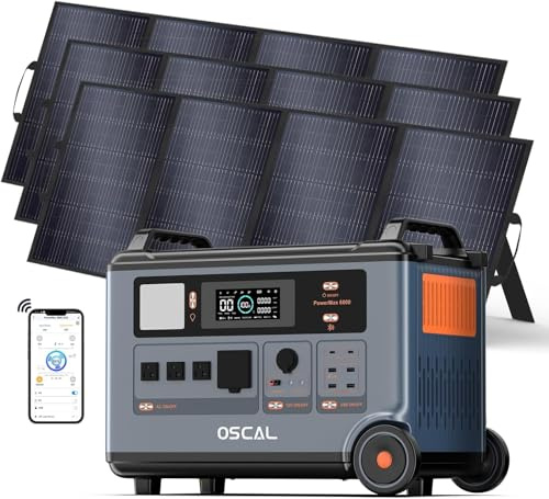 OSCAL PowerMax 6000 Solargenerator 6000W mit 3x400W Solar Panel, Tragbare Powerstation mit Solarpanel, LiFePO4-Akku, Erweiterbar bis 57,6 kWh, Vollladung in 1,96 Std, Mobiler Stromspeicher für Camping