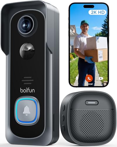 BOIFUN 2K Video Doorbell Camera Wireless, No Monthly Fee, Motion Detection | Two-way Audio, Clear Night Vision, Rechargeable Battery, Works with Alexa, SD Card & Cloud Storage, 2.4GHz, Black