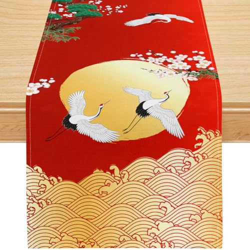 Japanischer Kranichen Tischläufer Roter Goldener Sonne – Asiatische Leinenoptik Deko für Esstisch & Feste 33x229cm