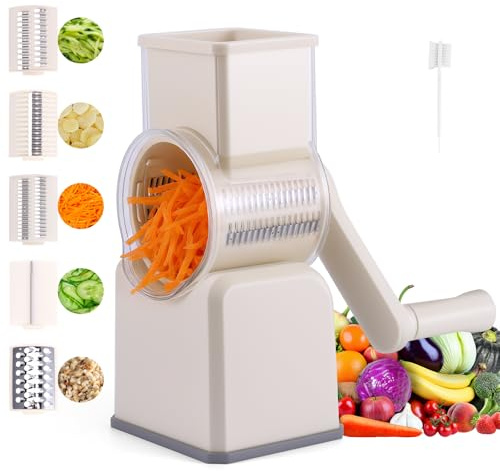 Rotary Cheese Grater Vegetable Slicer with 5 Interchangeable Blades, Strong Suction Base, Cheese Veggies Nuts Shredder, Rotary Drum Grater Food Shredder for Kitchen for Cucumber,Carrot,Nut