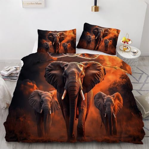 Bettwäsche 135x200 Elefant Weiche Bügelfrei Mikrofaser Bettbezug mit Reißverschluss, Afrika Sonnenuntergang Tiere Wendebettwäsche Set Kinder Dekoratives mit 2 Kissenbezug 80x80cm 3n310
