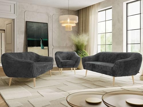 MKS MEBLE Sofagarnitur PIRS 3 + 3 + 1 - Couchgarnitur im skandinavischen Design, Gesteppte Polsterung, Wellenfederung, Wohnzimmer Sofa Set - Buche Beine, Dunkelgrau Cord