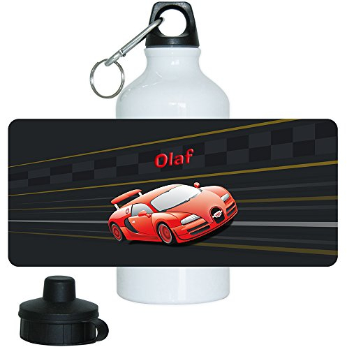 Trinkflasche mit Namen Olaf und schönem Auto-Motiv für Jungs