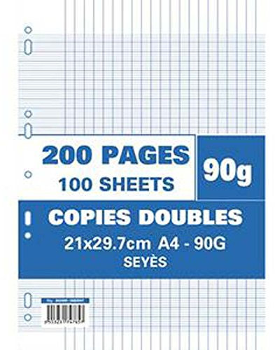 Lot de 10 copies doubles Etui filmé, perforées, 200 pages, 90g, Grands carreaux seyès, Format 21 x 29,7 cm Papier blanc