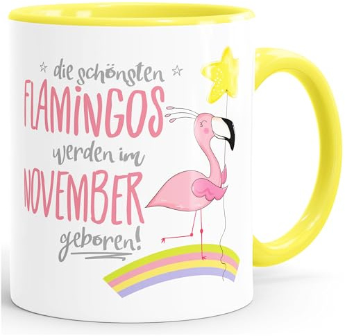 MoonWorks Geschenk-Tasse die schönsten Flamingos werden im (style_variation) geboren Geburtstags-Tasse Geburtstmonat Wunschmonat Kaffee-Tasse Hellgelb unisize