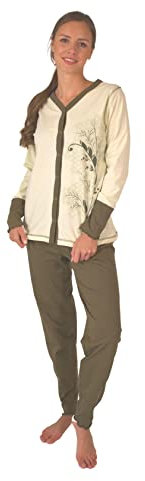 Consult-Tex Damen Pyjama Schlafanzug Langarm Baumwolle Knopfleiste DW343 (40/42, Olive)