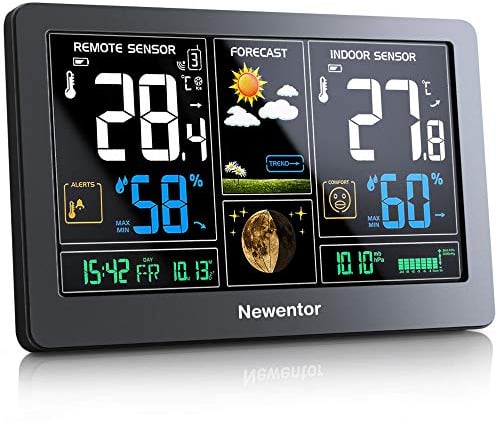 Newentor Wetterstation Funk mit Außensensor - Funkwetterstation mit Wettervorhersage, Temperaturwarnung, DCF Funkuhr - Batteriebetrieb und Netzbetrieb, Schwarz