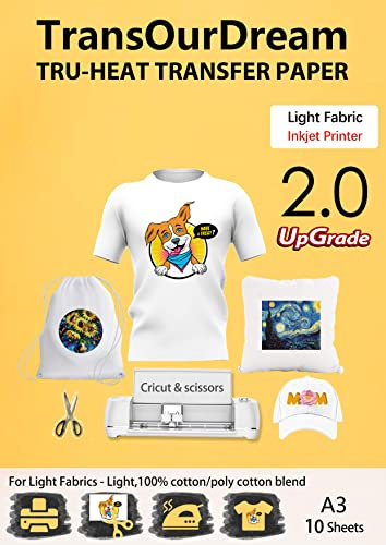 TransOurDream Tru-Iron on Heat Transfer Paper for Light Fabric (2nd Generation, A3, 10 Sheets) Printable Heat Transfer Vinyl for Inkjet Printer Iron On Transfers for White T-Shirts (TOD-6)