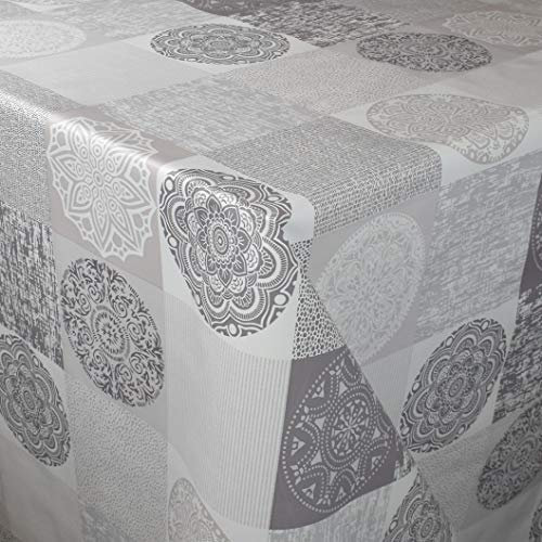 KEVKUS Wachstuch Tischdecke Meterware C142081 Mandala Bollywood Blüten grau beige wählbar in eckig rund oval (Rand: Paspel (mit Kunststoffband), 110 x 260 cm eckig Biertisch XXL)