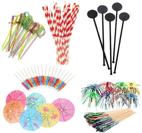99 Piece Cocktail Party Decoration Drinks Accessory Pack With Umbrellas, Sparkle Sticks, Stirrers and Biodegradable Straws BBQ