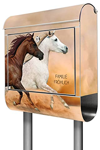 banjado® Briefkasten mit Standfuß personalisiert Motiv Wilde Pferde - Stand Briefkasten Edelstahl mit Zeitungsfach - Postbox/Postkasten A4 Einwurf inkl. Montagematerial & 2 Schlüssel