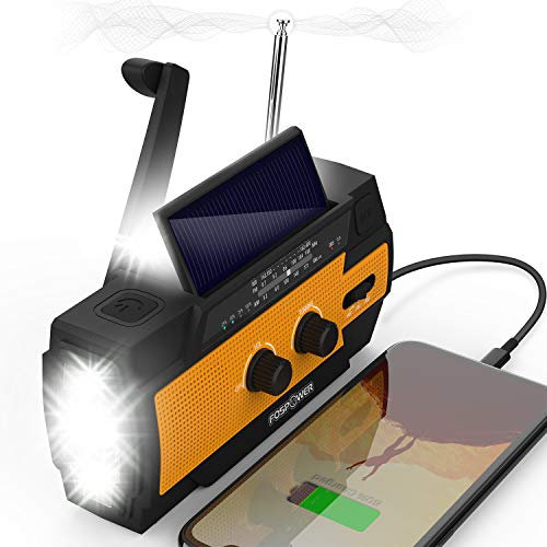 FosPower Wind Up Radio, AM/FM Battery Radio with 4000mAh Power Bank, Solar Radio with Torch, Reading Lamp, Hand Crank Charging, SOS Alarm (Model A3)
