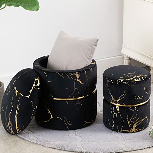 Furnimart Home Vanity Stool/Chair Velvet Storage Ottoman Foot Rest Stool/Padded Seat with Gold Plating Ring,Pack of 2 (Black)