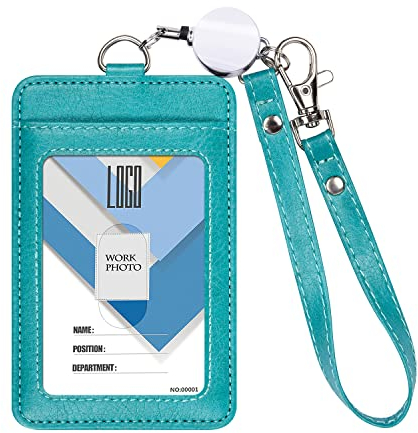 Wisdompro Porta Badge Retrattile, Portabadge Pelle con Cordino da Polso, 1 Finestra Trasparente, 1 Slot per Schede, Porta Tessera Badge per Infermiera, Impiegati, ecc.-Verde Blu (Verticale)