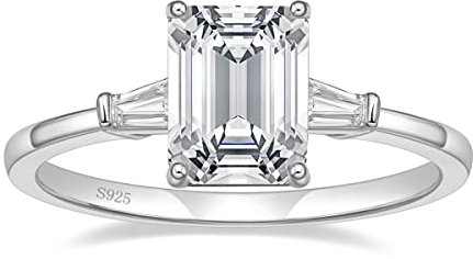 EAMTI 3CT 925 Sterling Silver Engagement Rings 3-Stone Emerald Cut Cubic Zirconia CZ Wedding Promise Rings for Her Wedding Bands for Women Size 3-11, Metal, Cubic Zirconia