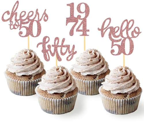 24 Stück Glitzer 50. Geburtstag Cupcake Topper, Geburtstagsdeko 50 von 1975 für Deko zum 50.Geburtstag, 50 Geburtstagsfeier Zubehör Party Dekoration Kuchendekoration (Rose Gold)