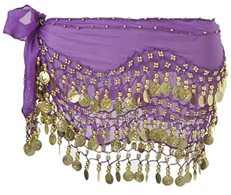 SamHeng Damen Bauchtanz Gürtel Chiffon Hüfttuch, Münztuch Münzgürtel Tanztuch Kostüm Mit 128 Münzen für Mädchen Frau Performance Yoga Kurs