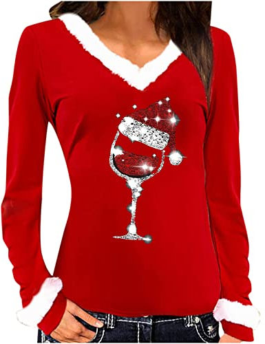 Susenstone Pull Femme Noël Verre à Vin Imprimé Col Rond Manches Longues T-Shirt Blouse Tops Tunique Sweat Chemisier