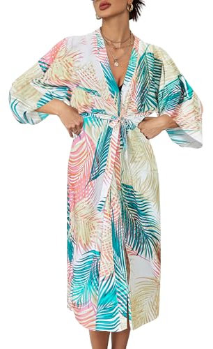 Bsubseach Lange Kimonos für Frauen Badeanzug Coverup Lange Ärmel vorne offen Strand Cover Up Kleid mit Gürtel