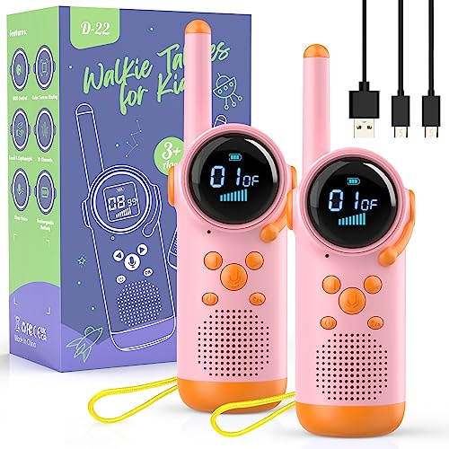 Kearui Walkie Talkie für Mädchen, Funkgeräte Kinder mit Aufladbar Akku für 3-12 Jahre Mädchen Geschenk Spielzeug, VOX Funktion, LED Taschenlampe, für Abenteuer im Freien, Camping, Wandern (Rose)