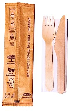 Bis Posate Monouso in Legno Imbustate Usa e Getta 16 cm - 96 Pezzi - Biodegradabili Naturali Forchetta Coltello Tovagliolo doppio velo 30x30 cm