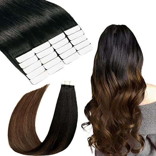 SURNEL Tape in Hair Extensions, Dickes Ende, Ombre Farbe 1B Natur Schwarz Fading to 4 Mittelbraun Tape in Extensions, 22 Zoll 50 Gramm 20Pcs(tape#1BT4-55cm)