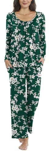 POPYOUNG Plus Size Ladies Pyjamas 2 Piece Pjs for Women Sets Fall-Winter Long Sleeve Lounge Sets Long Pants Sleepwear 2XL, Floral-Green