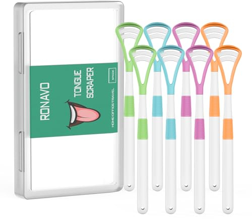 Tongue Scraper (8pcs), RONAVO Zungenreiniger (8 Stück), Bürsten und Schaben für die Mundpflege, BPA-freier Zungenschaber mit Reise-Tragetasche für Familie, Erwachsene, Kinder, reduziert Mundgeruch