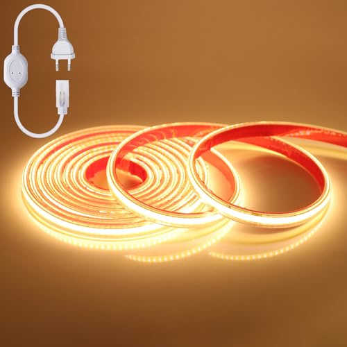Wisada COB Tira LED 220V Blanco cálido 3000K CRI>90 Brillo Alto Luminiscencia Lineal Alta Densidad 288LED/M Impermeable Luces LED para Gabinete Sala de estar Dormitorio,TV, Bar (5m)
