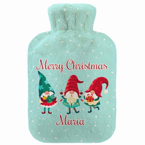 Personalisierte Wärmflasche mit Minky Pullover Bezug 2 Liter Bettflasche mit schönen Fleece-Druck Bezug Gummi Wärmflasche mit Deckel Drei Kobolde [092]