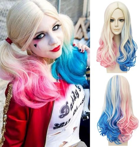Quinn Perruque longue pour femme, perruque de cosplay, perruque de cosplay, perruque de méchant, perruque blonde, bleu rose, pour carnaval, Halloween, carnaval, fête