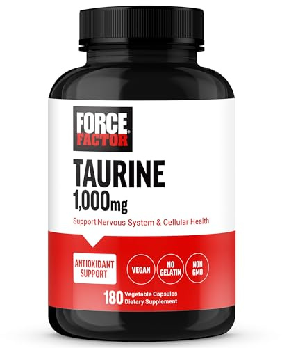 Force Factor Taurine Supplement, Taurine 500mg Capsules Antioxidant Supplement to Support Nervous System and Cellular Health, Vegan, No Gelatin, Non-GMO, 180 Vegetable Capsules