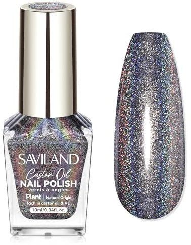 SAVILAND Holographic Black Nail Polish: Black Glitter Nail Polish Holographic Laser 10ml Plant-base Castor Oil Quick Dry Nail Polish Easy Use & Remove Chrome Halo Nail Polish Beginner DIY Nail Tech