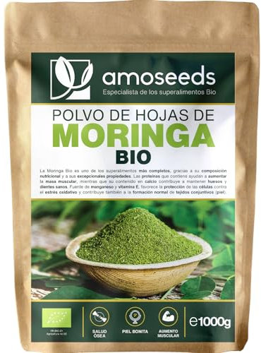 Moringa Oleifera en polvo BIO 1KG | 100% hojas de Moringa orgánica | Proteínas, Piel Bella, Deportes | Primera Calidad