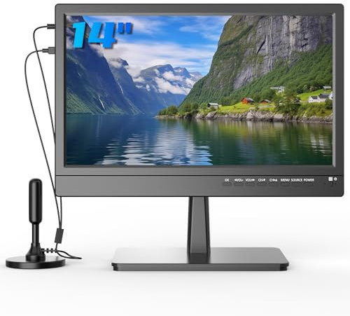 Feihe Piccolo televisore da cucina a schermo piatto da 14 pollici con sintonizzatore ATSC/USB/HDMI/AV/VGA, supporto TV integrato e telecomando per camera da letto, camper, campeggio, all'aperto o